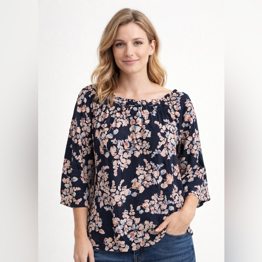 J Jill Petite Floral‎ Off Shoulder Navy Blue 3/4 Sleeve Top Size Small